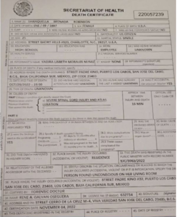 Shanquella Robinson's Death Certificate