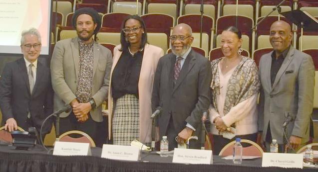 Reparations Task Force - Don Tamaki, Jovan Scott Lewis, chair Kamilah Moore, vice-chair Dr. Rev. Amos Brown, Dr. Cheryl Grills, and California State Sen. Steven Bradford (D-Gardena) - CBM photo by Antonio Ray Harvey