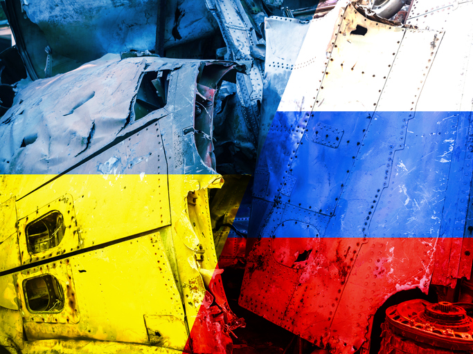 Russia Ukraine War Concept with Bomb and Conflict damage of Tanks and Planes