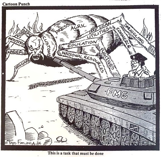 A 1984 Cartoon by TAYO in Nigeria's PUNCH newspaper of Muhammadu Buhari as Military Head of State