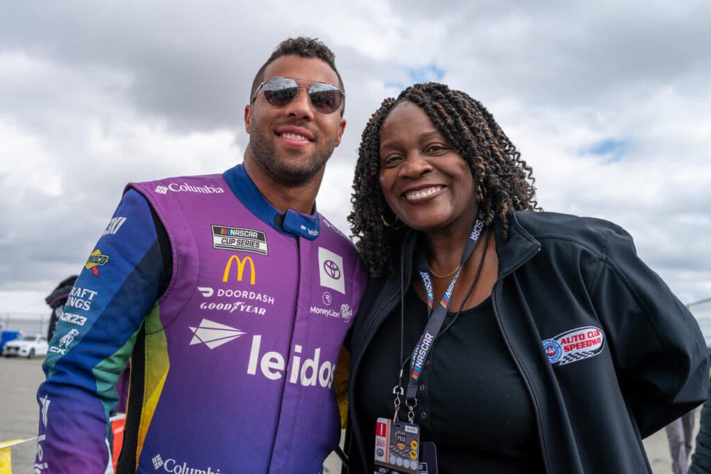 NASCAR driver Bubba Wallace and Mayor Acquanetta Warren at Auto Club Speedway Fontana, California on February 26, 2023. (Maxim Elramsisy | California Black Media)