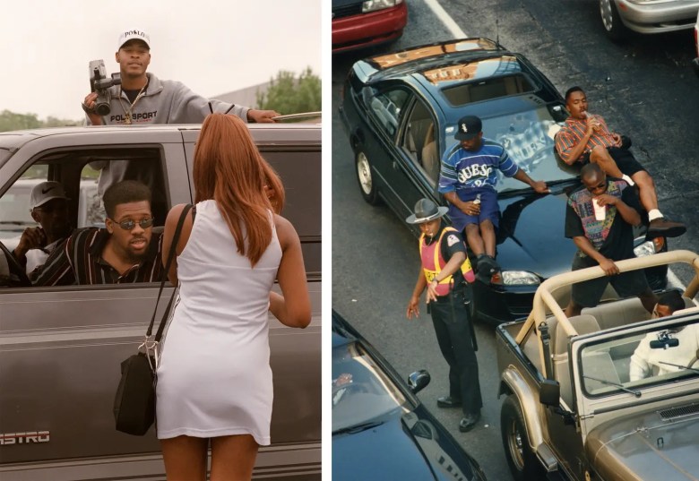 In the left image, a young Black woman talks to some men in the parking lot of South DeKalb Mall; in the right image: a group of partygoers drove down Martin Luther King Jr. Boulevard in downtown Atlanta