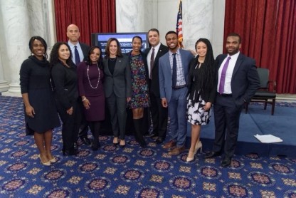 SBLSC's 40th anniversary (left to right): Yemisi Egbewole, Angelique Salizan, Senator Cory Booker, Yasmin Nelson, Vice President Kamala Harris, Maria Price, Donald Cravins, Joshua Thomas, Zarinah Mustafa and Donald Pollard 