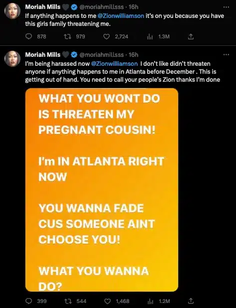 Porn star Moriah Mills has reached out to the Pelicans star Zion Williamson for help after receiving death threats for exposing their relationship.