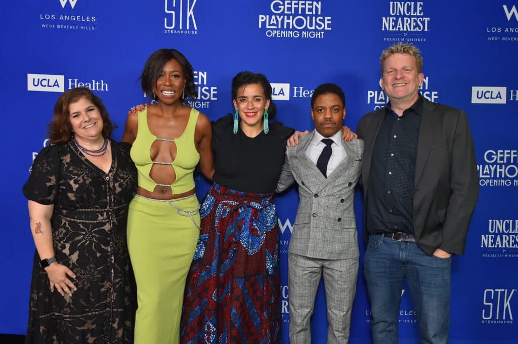 L-R: Artistic Associate Director Amy Levinson, Amanda Warren, director Patricia McGregor, Jon Michael Hill, and Executive Director Gil Cates, Jr. at the June 15, 2023 Opening of The Mountaintop. Photo by Jordan Strauss.