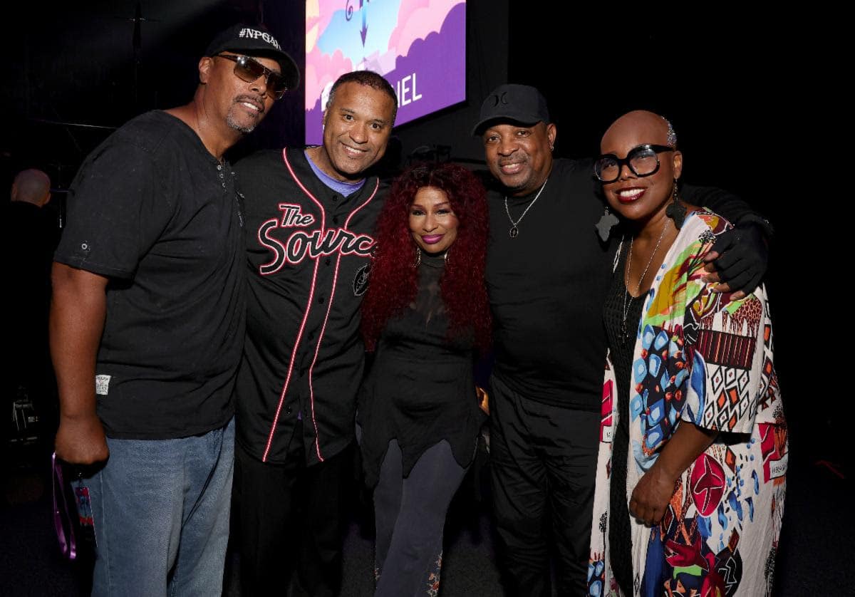 (L-R) Tony M., L. Londell McMillan, Chaka Khan, Chuck D, and Shelby J attend the Prince Paisley Park Celebration 2023 (Photo Credit: Kevin Mazur for Getty)