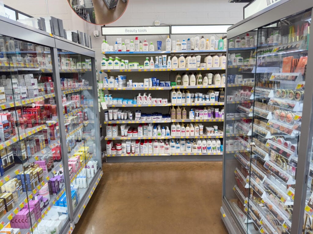 San Jose, CA - June 10, 2023: Personal and beauty supplies, half of which are locked up behind glass to prevent theft and shoplifting.( Shutterstock)