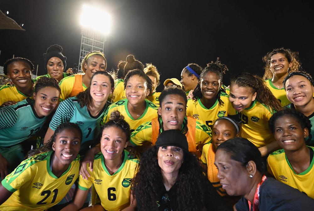 Cedella Marley & womens soccer squad (Angela Weiss-AFP-Getty Images) 