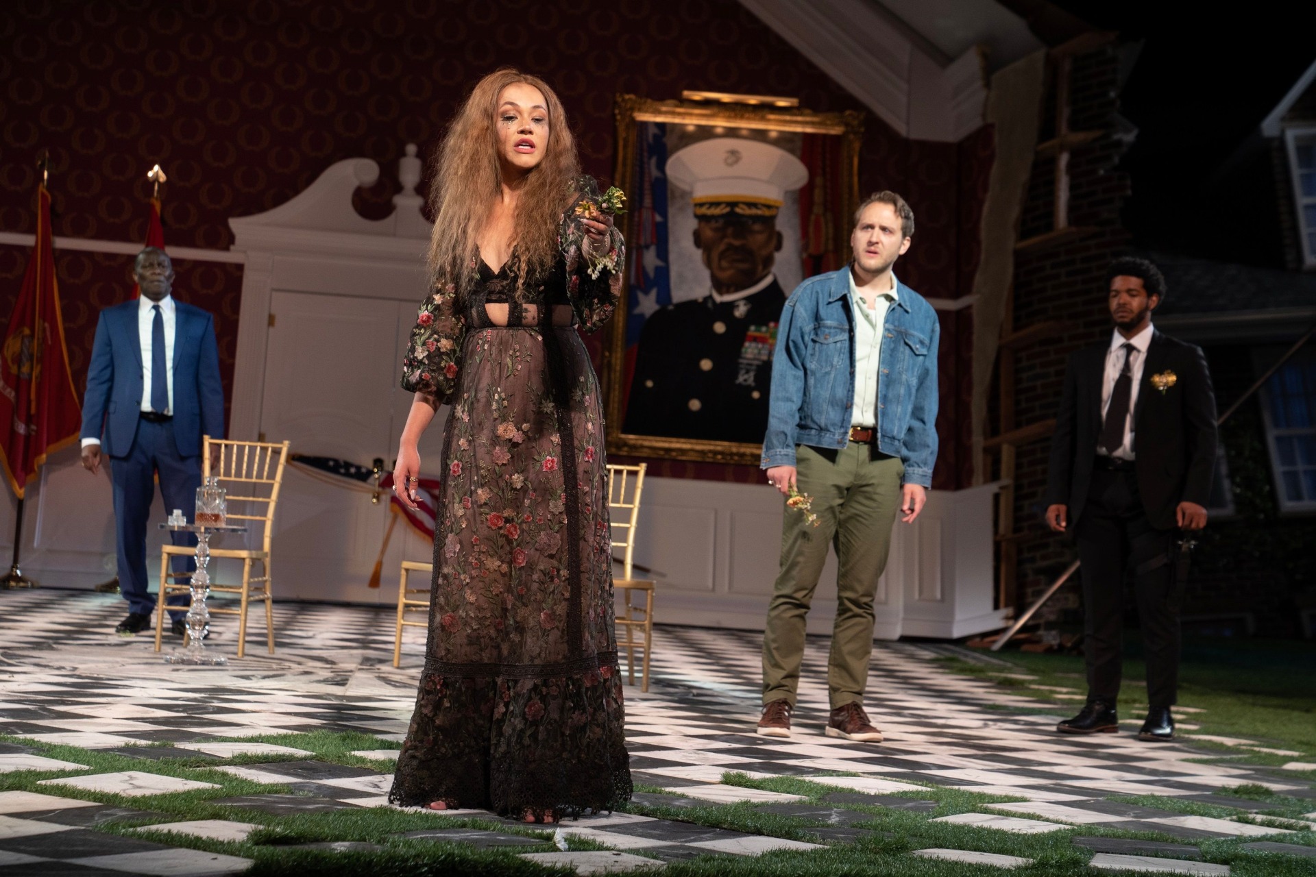 Solea Pfeiffer with John Douglas Thompson, Nick Rehberger and Laughton Royce in The Public’s Free Shakespeare in the Park's Hamlet. Image: Joan Marcus.