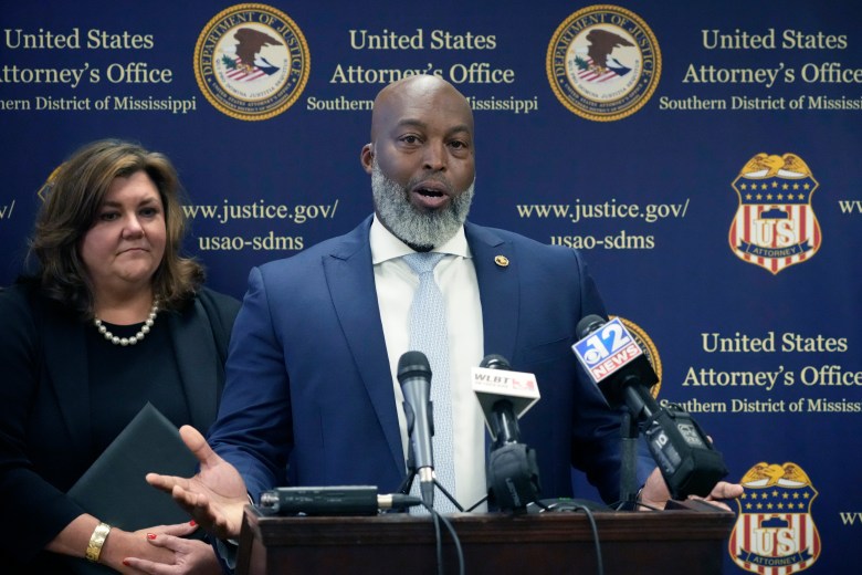 Jermicha Fomby, special agent in charge of the FBI Jackson field office, speaks to reporters about an investigation into six white former law enforcement officers in Mississippi, in Jackson, Miss., Thursday, Aug. 3, 2023.