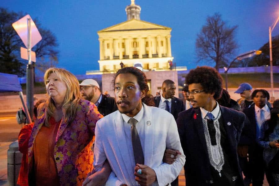 Tennessee 3 Rep Gloria Johnson, former Rep Justin Jones and former Rep Justin Pearson (Cheney Orr-Reuters)