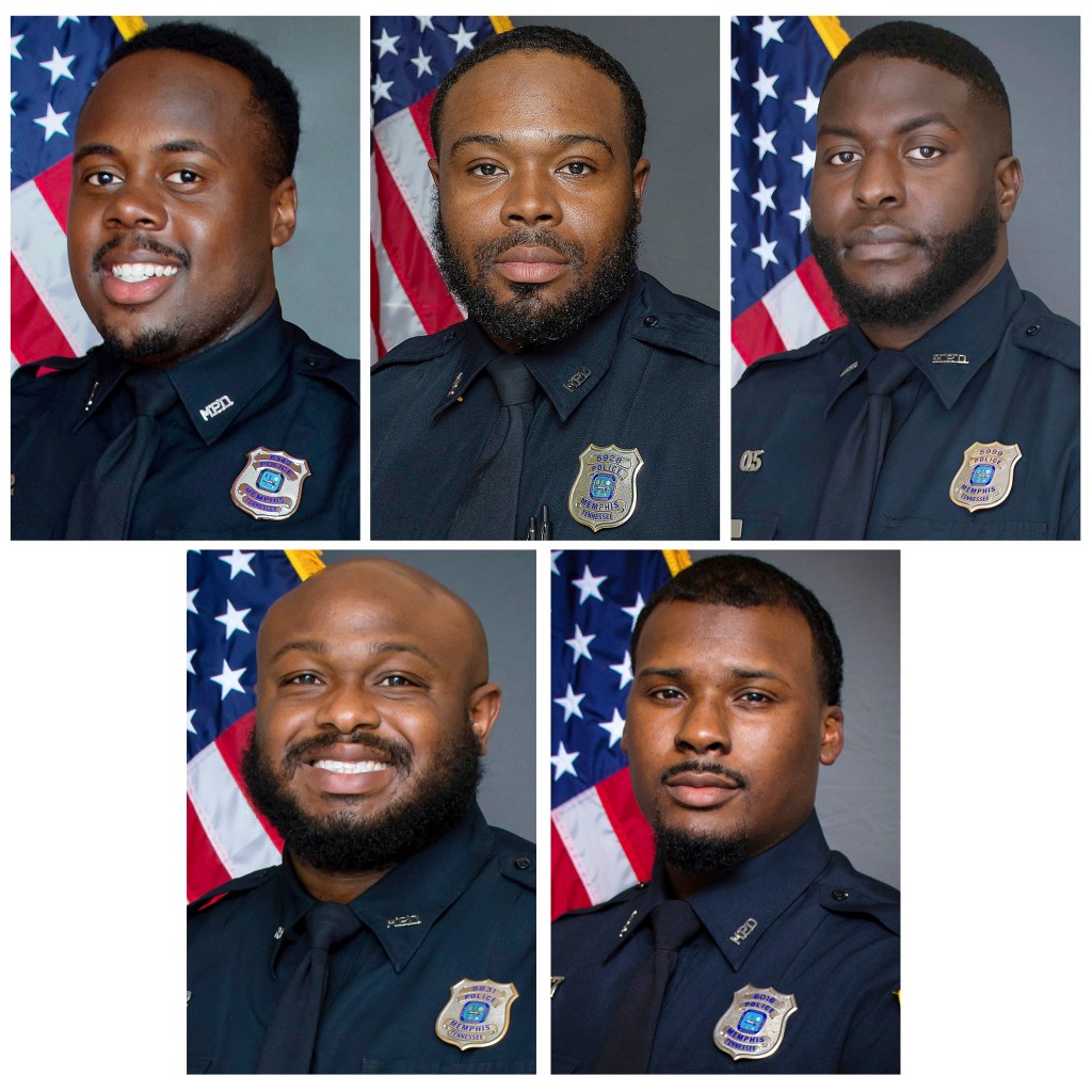 This combo of images provided by the Memphis, Tenn., Police Department shows, top row from left, officers Tadarrius Bean, Demetrius Haley, Emmitt Martin III, and bottom row from left, Desmond Mills Jr. and Justin Smith.