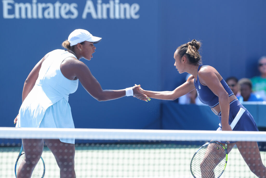 Taylor Townsend and Leylah Fernandez in action during a women's doubles match at the 2023 US Open, Sunday, Sep. 3, 2023 in Flushing, NY. (Brad Penner/USTA)