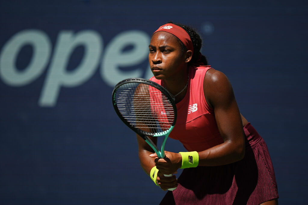 Coco Gauff in action during a women's singles quarterfinal match at the 2023 US Open, Tuesday, Sep. 5, 2023 in Flushing, NY. (Garrett Ellwood/USTA)