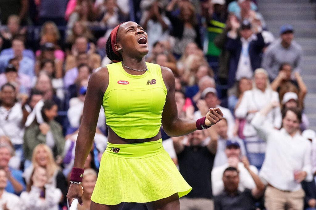 Coco Gauff reacts during a women's singles match at the 2023 US Open, Friday, Sep. 1, 2023 in Flushing, NY. (Garrett Ellwood/USTA)