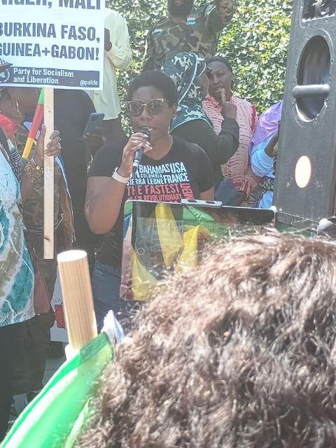 Yejide Orunmila, African national women’s organizer of the African People’s Socialist Party, speaks during the “No War in Niger” rally across the street from the French Embassy in Washington, D.C., on Aug. 2. (Sam P.K. Collins/The Washington Informer)