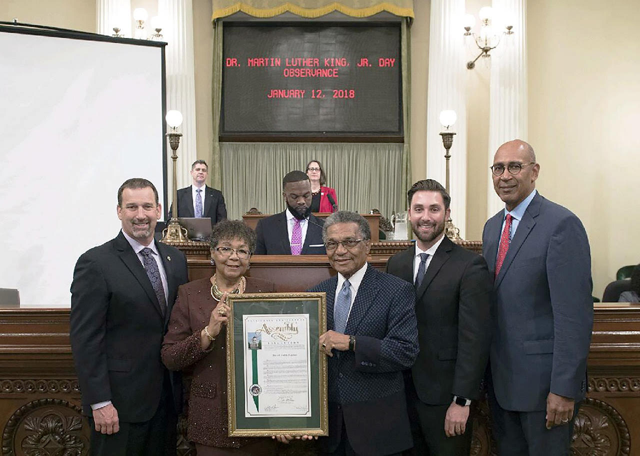 Assemblymember Chris Holden honors Joe and Ruthie Hopkins at the state capitol for the MLK celebration on January 12, 2018, Asm. Brian Dhale, Asm. Ian Calderon