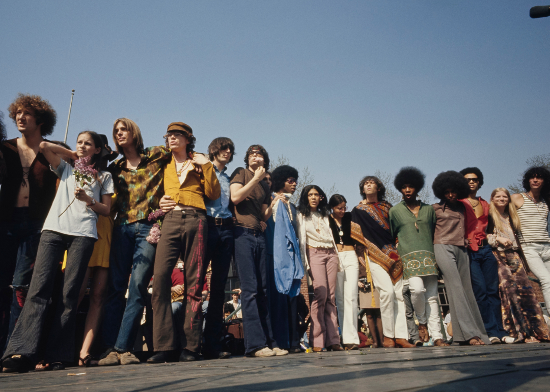 A group of people attending the 'be-in' in Central Park.