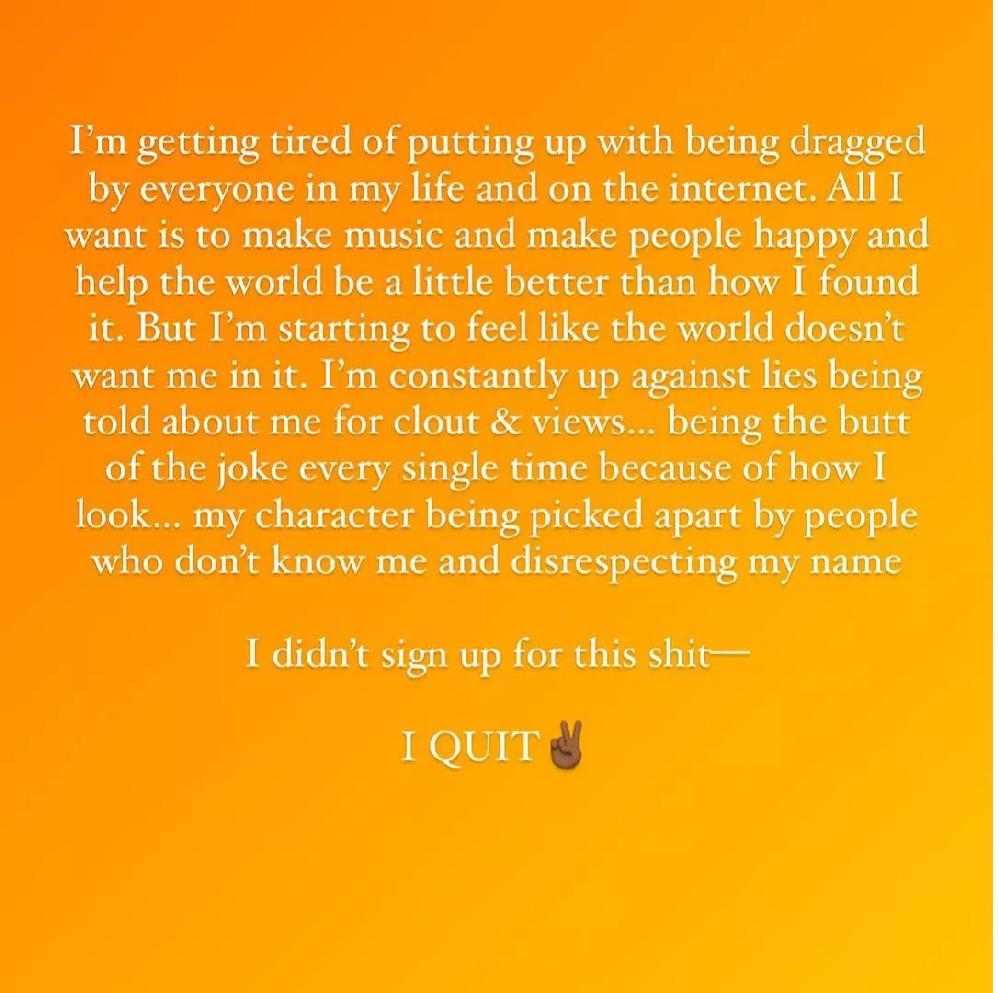 Lizzo's 'I quit' message - Instagram