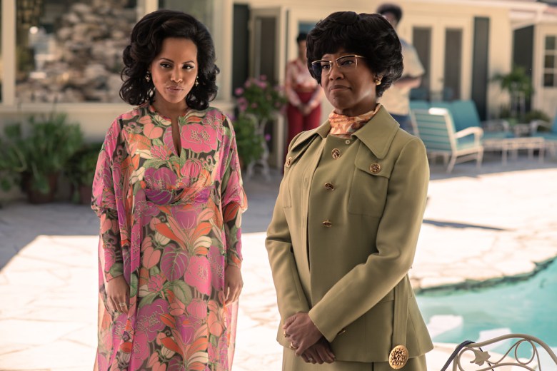 Entertainer Diahann Carroll, played by Amirah Vann (left), supported the 1972 presidential campaign of Shirley Chisholm, portrayed by Regina King (right). The actresses are in the film “Shirley” about the political rise of the iconic congresswoman. “Shirley” premieres on March 22 on Netflix. (Courtesy of Netflix)