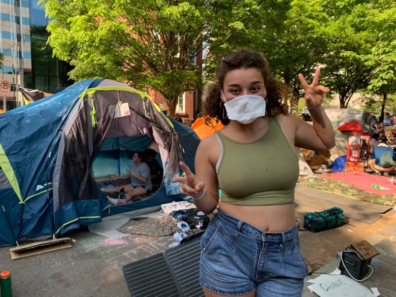 GWU junior Lauren Harris on April 28, three days into her participation in the encampment protest (Kayla Benjamin/The Washington Informer)