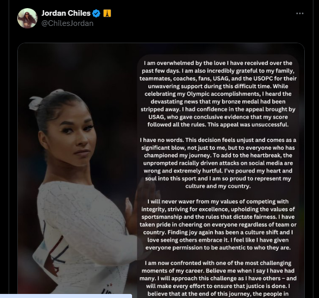 Jordan Chiles speaks out after giving back her bronze medal